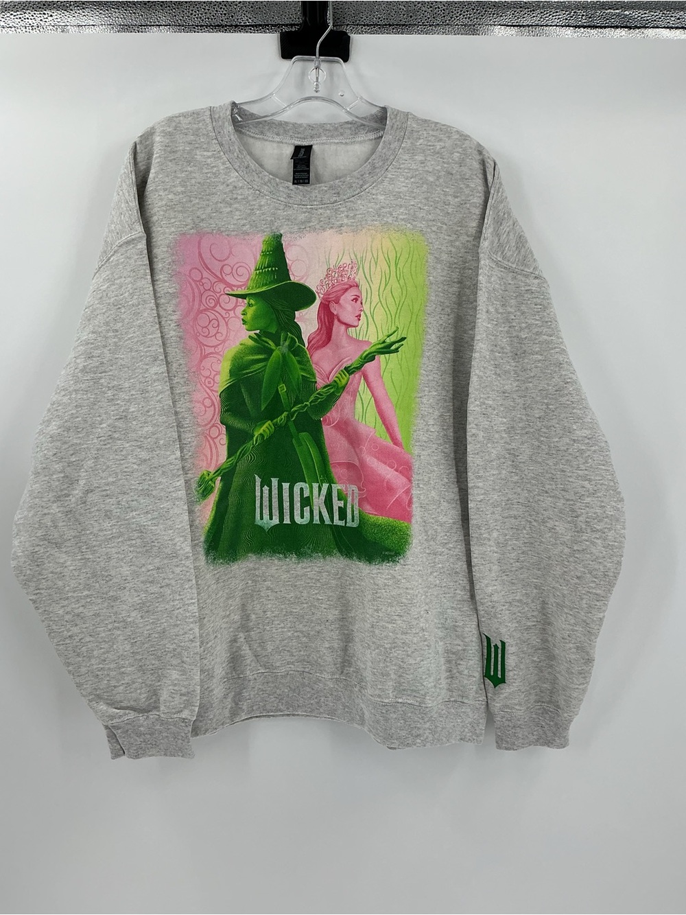 Gildan Grey Crewneck Sweatshirt with Green & Pink Wicked Graphic - Picture 6 of 10
